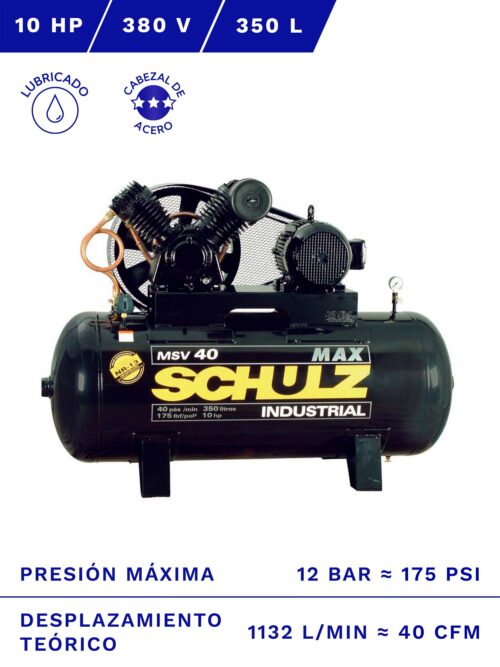 COMPRESOR DE AIRE SCHULZ MSV-40MAX 10HP 350L 12BAR 40CFM FRENTE