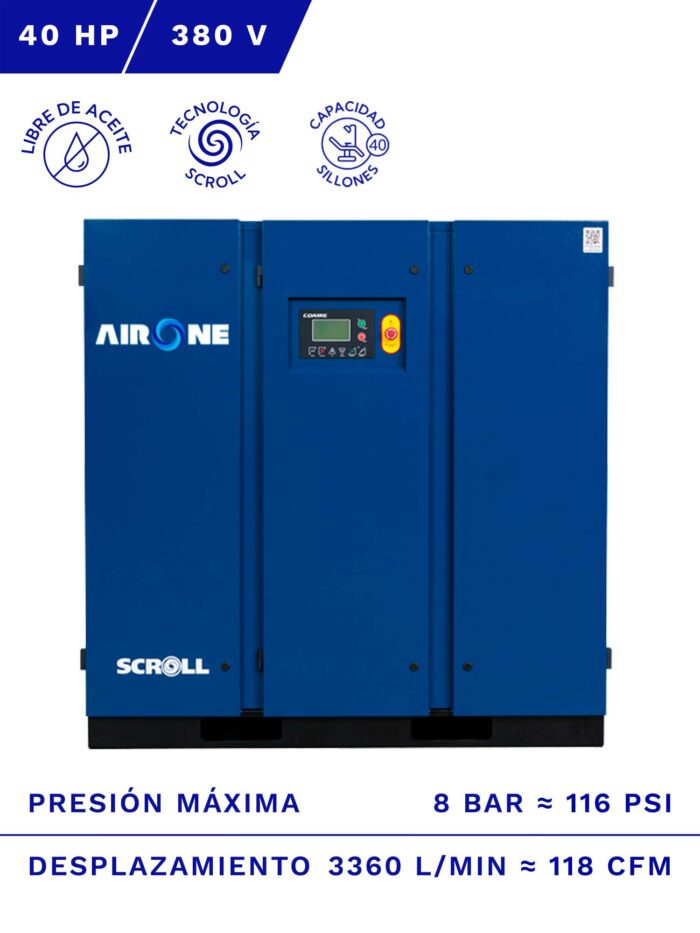 COMPRESOR SCROLL AIRONE LIBRE DE ACEITE 40HP 8BAR 118CFM frente