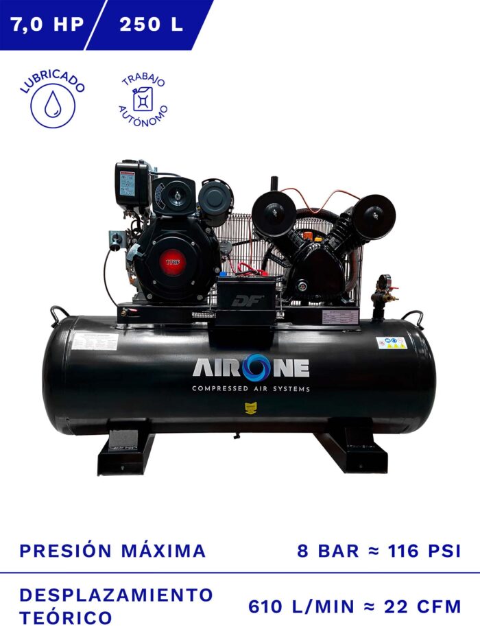 COMPRESOR AUTÓNOMO DIESEL AIRONE 7HP 250L 8BAR 22CFM frente