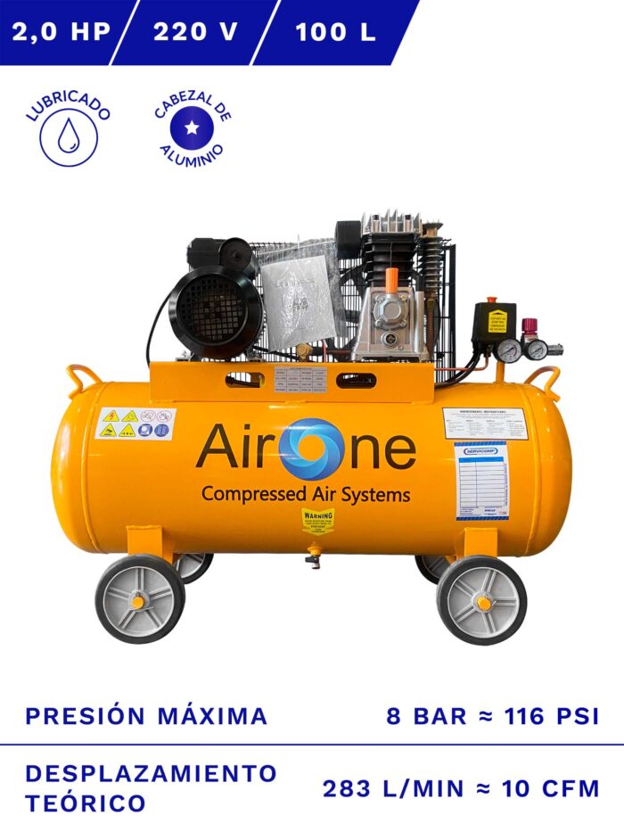 COMPRESOR DE AIRE AIRONE 2HP 100L 8BAR 10CFM C/RUEDAS