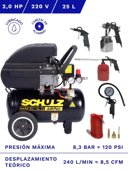 COMPRESOR DE AIRE SCHULZ MSI-8.5 2HP 25L CON KIT ACCESORIOS 8 PZS ABSORCIÓN