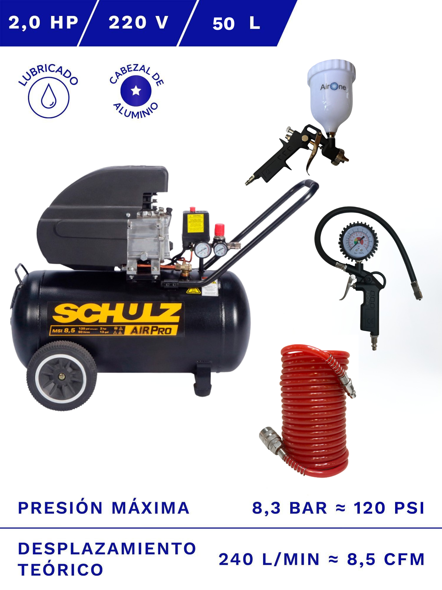 COMPRESOR DE AIRE SCHULZ MSI-8.5 2HP 50L CON KIT ACCESORIOS 3PZS