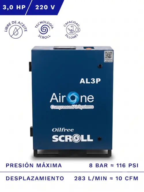 COMPRESOR SCROLL AIRONE LIBRE DE ACEITE 3HP 220VOLT 8BAR 10CFM