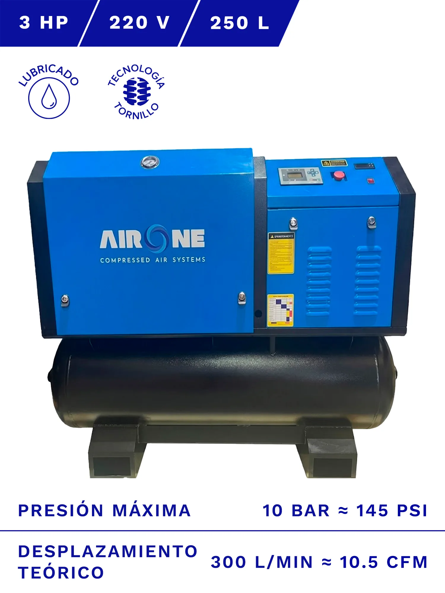 COMPRESOR DE TORNILLO 3 EN 1 AIRONE 3HP 10BAR 250L 10.5CFM